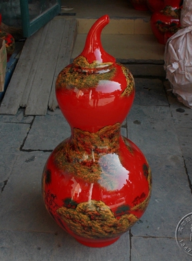 景德镇中国红山水招财陶瓷花瓶