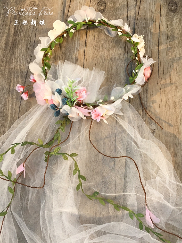 2022新款新娘头饰头纱韩式森系花环头纱婚礼影楼拍照发饰礼服配饰