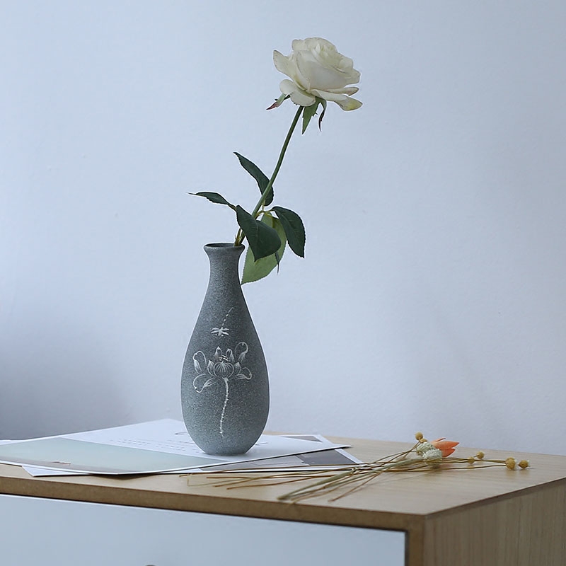 创意粗陶手绘桌面花瓶中式小清新花器陶瓷干花插家居饰品摆件包邮 - 图1