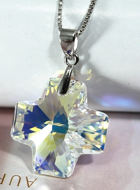 粉水晶十字形吊坠纯银项链气质女