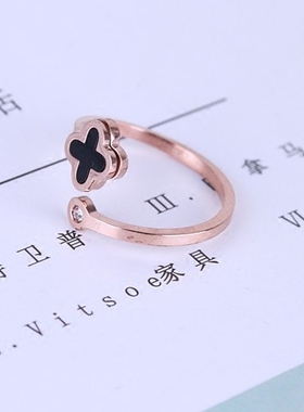 黑色四叶草开口戒指女个性简约