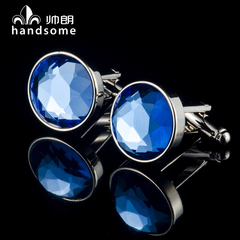 帅朗圆形蓝色水晶袖扣袖钉男正装法式衬衫袖口扣送礼盒 Cufflinks