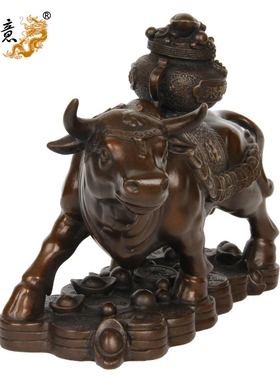 真古意 黄铜聚宝盆牛摆件铜牛工艺品铜聚宝盆元宝创业牛摆件