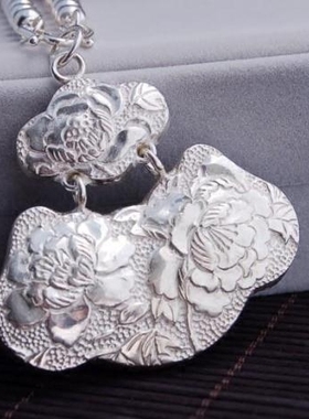 S925纯银复古民族汉风手工雪花素银牡丹花开富贵女士毛衣吊挂坠