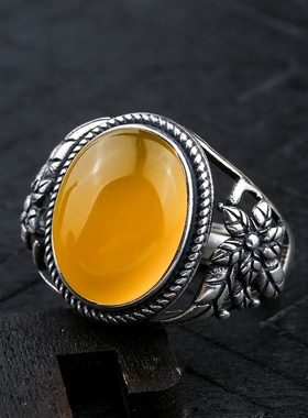 纯银镶嵌蜜蜡琥珀绿松石戒指空托