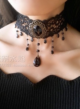 撒旦哥特风恶魔宝石镂空蕾丝项链