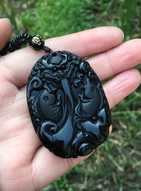 天然黑曜石双鱼吊坠小鱼钥匙扣男女款玉佩项链玉石挂件送证书