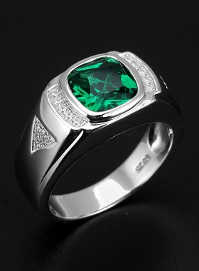 925纯银镀白金绿尖晶戒指男士