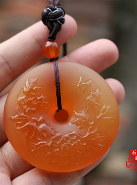 冰彩蜜糖色精雕仿古花开富贵吊坠