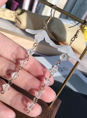 仙女白色透明花瓣水晶长款耳坠