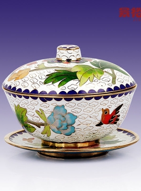 景泰蓝茶碗茶具盖碗铜胎掐丝珐琅结婚外事商务礼品传统工艺品粉色