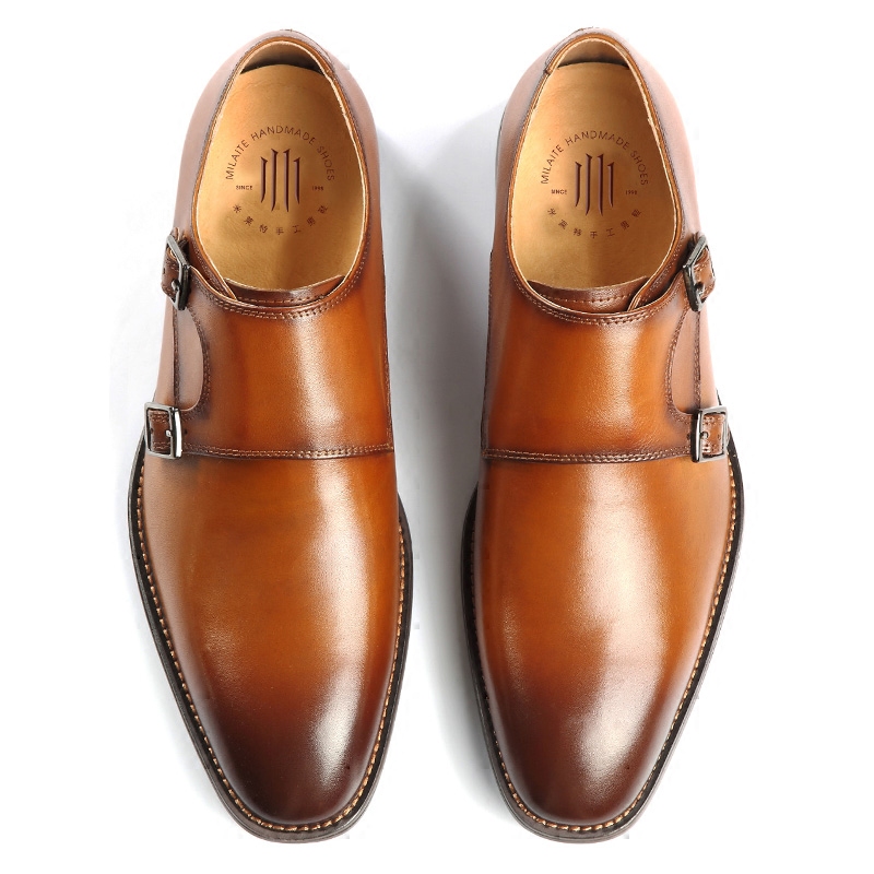 米莱特旗舰店英伦真皮鞋男士商务正装搭扣僧侣孟克男鞋复古擦色棕色套脚一脚蹬3