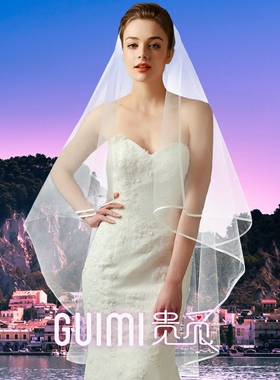 缎面包边简约头纱新娘婚纱配饰
