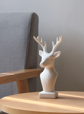 欧式风白色陶瓷鹿头亚光磨砂摆件