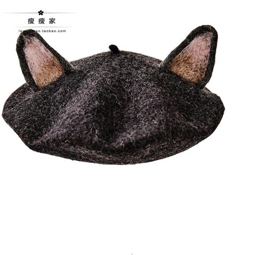 瘦瘦家羊毛毡深麻灰猫耳朵贝雷帽女秋冬季日系百搭毛呢网红画家帽 - 图3