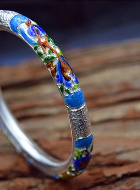 古典民族风花卉烧蓝年轻款银手镯