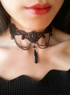 哥特风复古流苏黑色镂空蕾丝项链