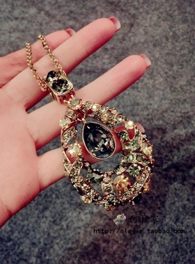 欧美复古奢华镶钻水滴几何毛衣链女长款精致优雅百搭项链挂件包邮