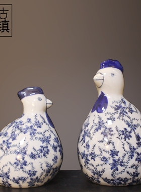 古典中式家具陶瓷青花鸡摆件 景德镇陶瓷软装饰招财桌面摆设对鸡