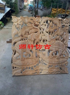 东阳木雕中式装修雕刻雕花大象做旧玄关隔断屏风花板隔断实木定制