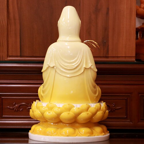 汉白玉黄釉圆满观音佛像家用供奉娑婆三圣观音菩萨坐像客厅摆件 - 图3
