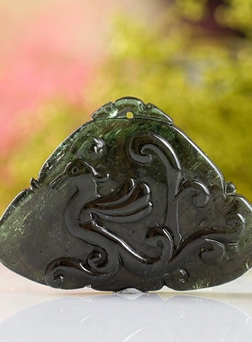 老坑绿碧玺双面雕刻仿古龙凤佩