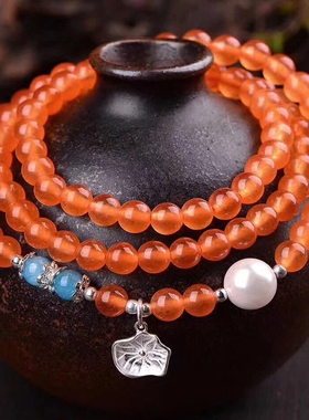 天然多层橘黄色玉髓手串