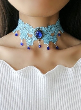 日韩风复古约会蕾丝项链蓝色水晶