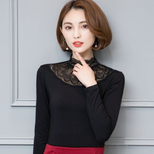 春秋季女装内搭半高领莫代尔打底衫长袖立领t恤修身蕾丝小衫秋衣 - 图0