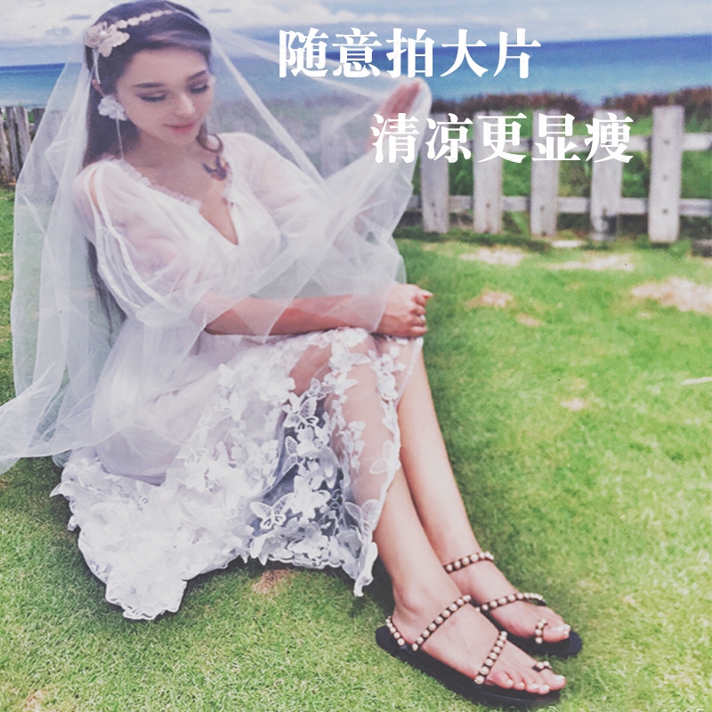 2023新款夏缠绕蛇形女沙滩平底凉鞋女珍珠套脚网红夹趾平跟凉拖鞋-图2