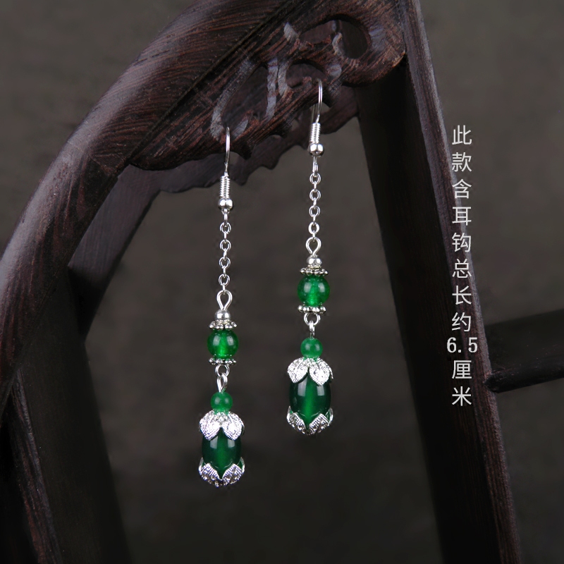 古风文艺森系耳坠长款古代宫廷绿色系耳环复古绿玛瑙小清新耳饰女