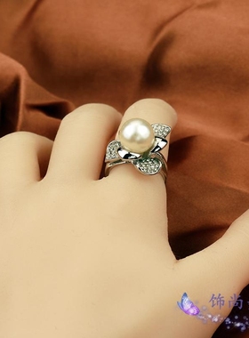 满钻花朵日韩风银色学生珍珠戒指