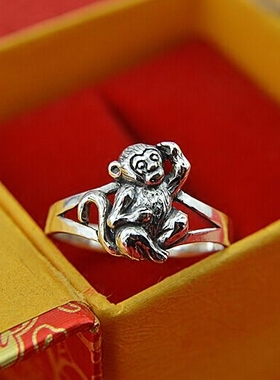复古生肖猴戒指女999纯银创意