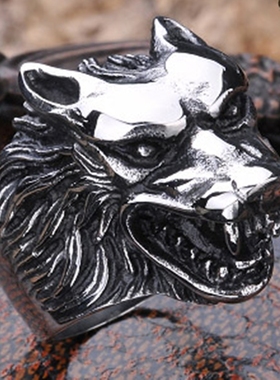 朋克风狼头钛钢戒指男防身潮男