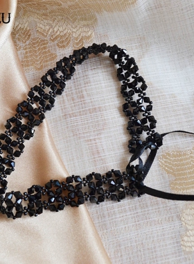 黑色韩国脖子水晶锁骨链短款颈带