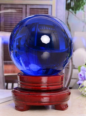 蓝色水晶球实木底座小摆件特价