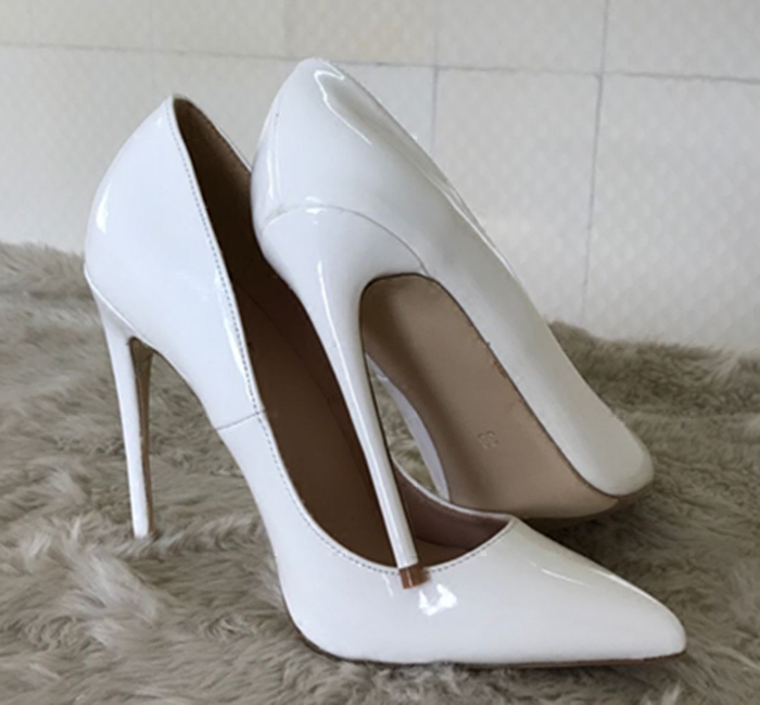 欧美风格新款白色漆皮尖头高跟鞋婚鞋性感浅口细跟女单鞋小码女鞋