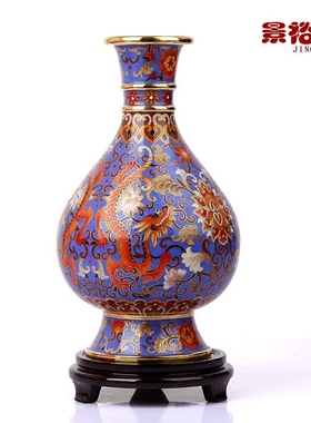 景泰蓝花瓶蓝底蟠龙献瑞双龙掐丝瓶铜胎珐琅家居摆件 李荣魁大师