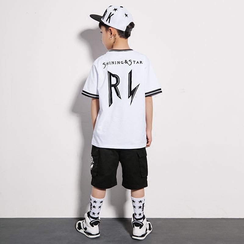 新款儿童街舞演出服装男童纯棉宽短松袖T恤短