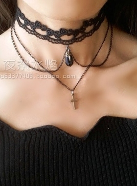 欧美十字架水晶镂空蕾丝黑色项链