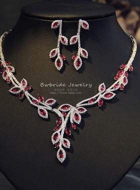 蓝色新娘锆石项链耳环两件套结婚饰品婚纱晚礼服配饰婚礼晚宴饰品