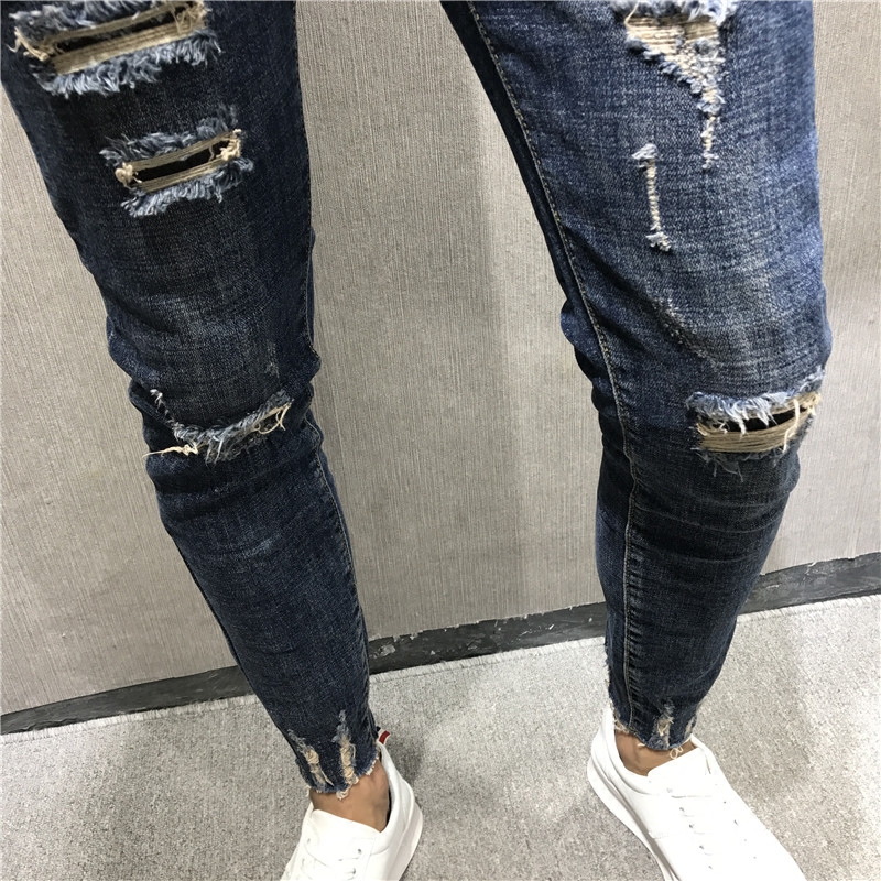 小胖潮男地带潮男快手红人同款韩修身小脚紧身破洞深蓝九分牛仔裤社会精神小伙1