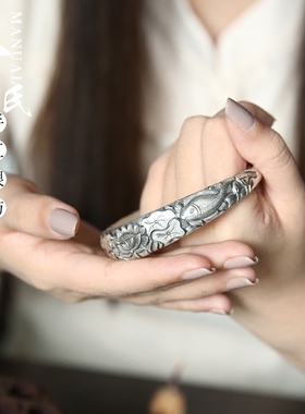 寸家高工艺鱼戏荷莲深雕银手镯