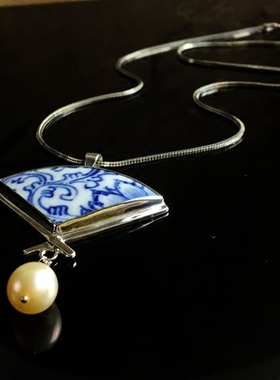 复古镶嵌纯银包边旗袍项链老瓷片
