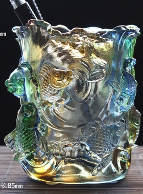 汉风琉璃年年有余笔筒刻字摆件