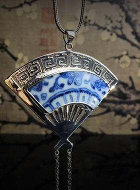 镶嵌纯银手工旗袍项链复古老瓷片