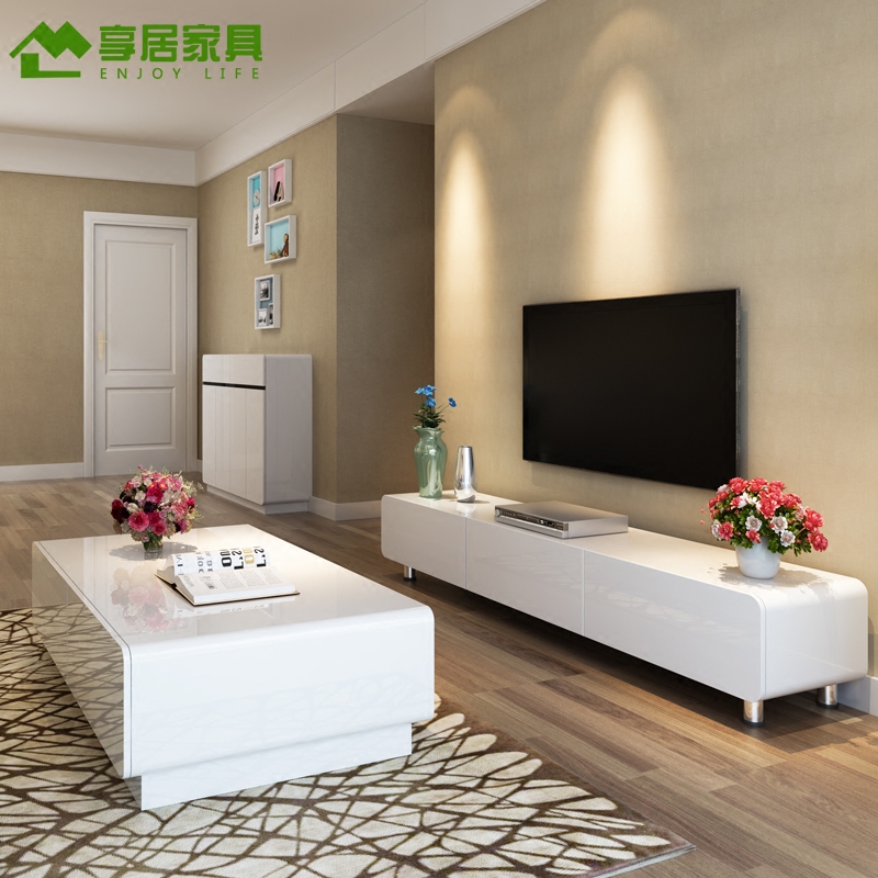 客廳簡約現代小戶型白色烤漆地櫃實木鋼化玻璃電視櫃茶几組合套裝