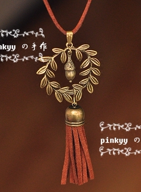 森系复古文艺范树叶流苏毛衣链