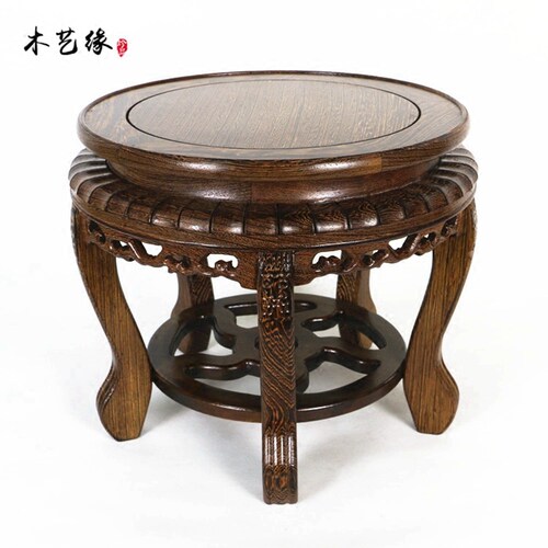 红木圆形小矮凳子实木奇石玉石花瓶盆景鱼缸底座花几雕刻花架摆件 - 图1