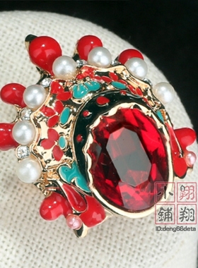 包邮中国民族风刀马旦京剧脸谱珍珠镶钻水晶开口戒指活口可调节女